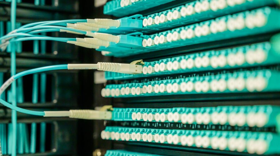 Networking cables plugged into a patch panel, showcasing data center connectivity.