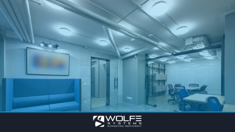 Interior of contemporary spacious workspace furnished with comfortable sofa and blue office chairs at tables